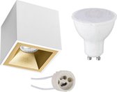 Opbouwspot Set - Pragmi Cliron Pro - GU10 Fitting - Opbouw Vierkant - Mat Wit/Goud - 6W - Natuurlijk Wit 4200K - Verdiept - 90mm - BES LED