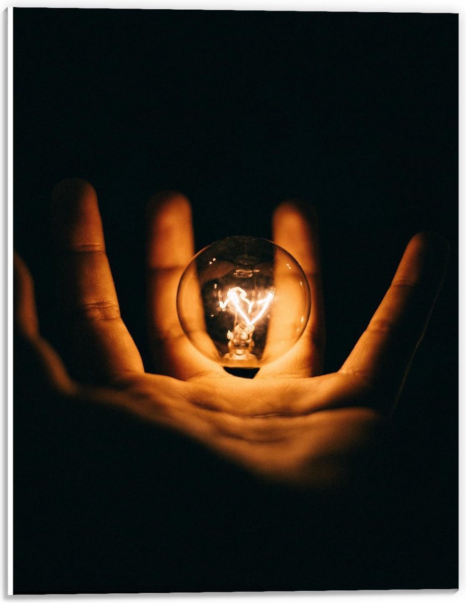 KuijsFotoprint - Schilderij - Lichtgevende Gloeilamp In Handen Met Zwarte Achtergrond - Zw