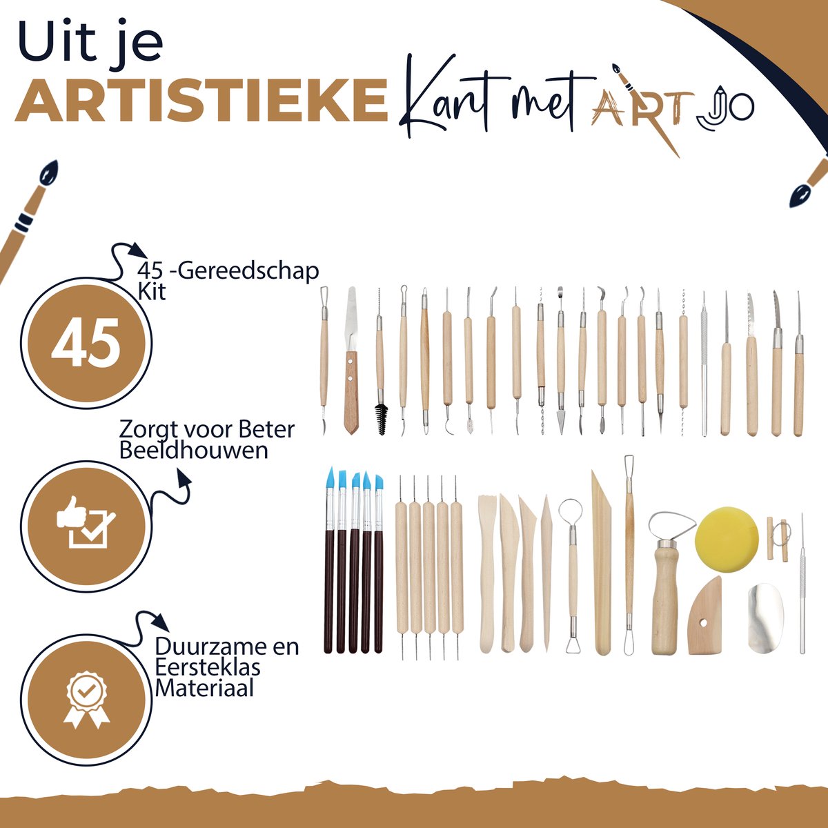 ArtJo 45-delige Klei Gereedschap Pottenbakken Boetseren Boetseer Set - Beeldhouwen - Boetseergereedschap - Spatels/Mes/Mesjes/Mirettes - Keramiek/Polymeer/Boetseerklei - Modelleer – Kleigereedschap — afbeelding 2