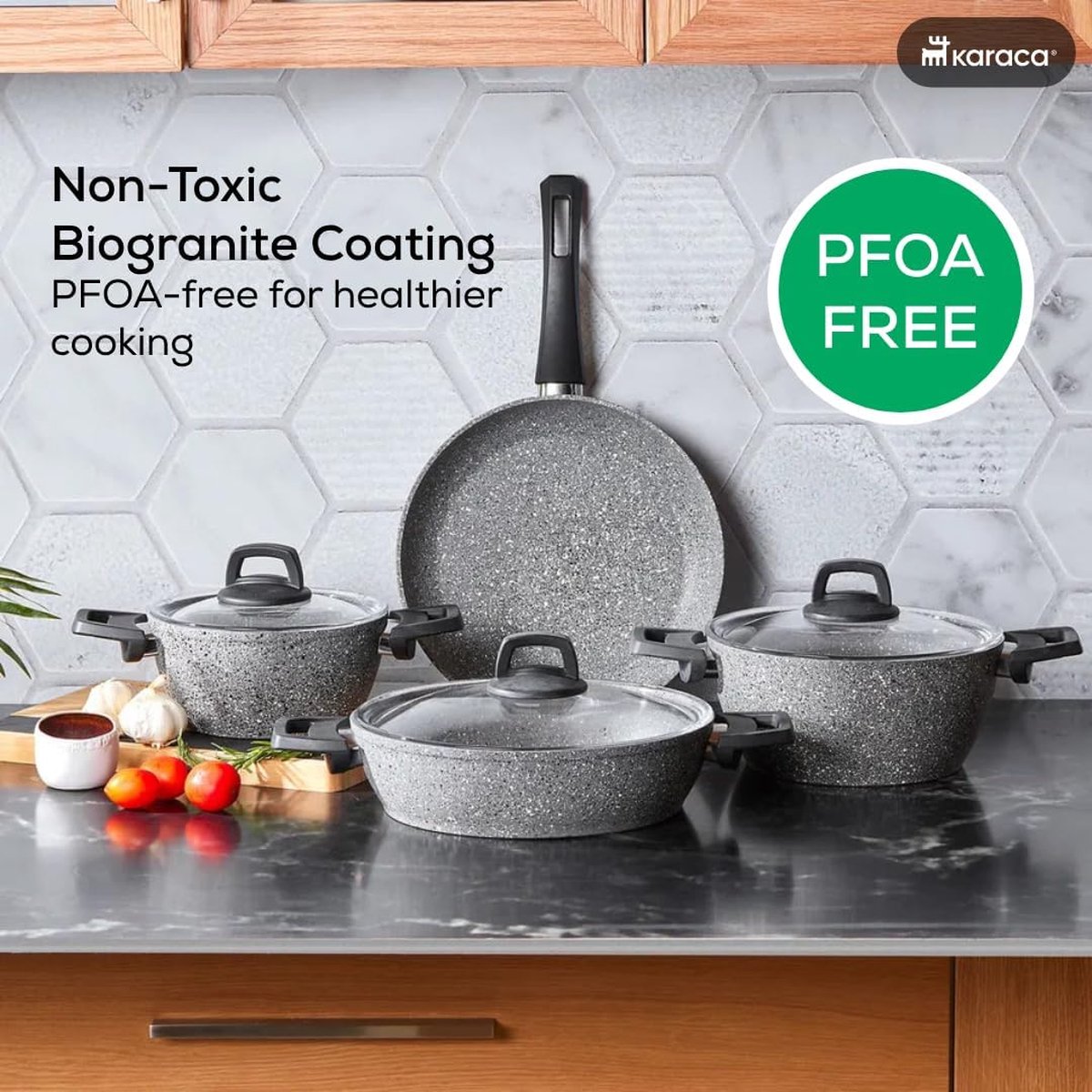 Set Casseroles Induction Karaca Set Casseroles Bio Granit 7 Pièces - Antiadhésif Induction Gris Batterie Cuisine Granit Induction