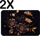BWK Flexibele Placemat - Goud met Zwarte Bloemen Kunst - Set van 2 Placemats - 45x30 cm - PVC Doek - Afneembaar