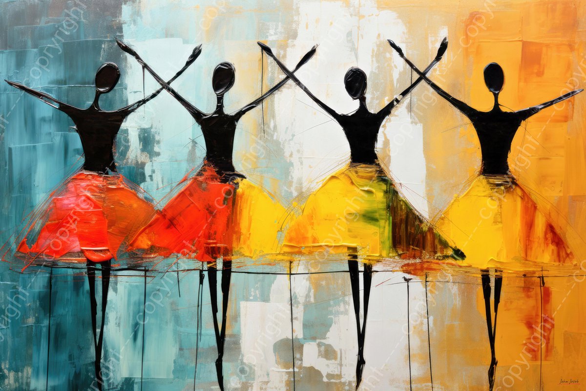 John Joseb Art (Canvas) 120x80 | Ballerina´s, ballet, abstract in Picasso, Joan Miro stijl, modern surrealisme, kleurrijk, kunst | vrouw, dansen, blauw, zwart, oranje, rood | Foto-Schilderij canvas print (wanddecoratie)