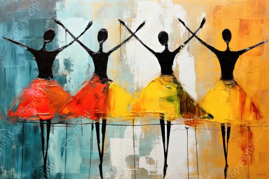 JJ-Art (Canvas) 150x100 | Ballerina´s, ballet, abstract in Picasso, Joan Miro stijl, modern surrealisme, kleurrijk, kunst | vrouw, dansen, blauw, zwart, oranje, rood | Foto-Schilderij canvas print (wanddecoratie)