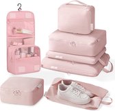 Kofferorganizerset, 7 set compressieverpakkingsblokjes, ruimtebesparende reisorganizerset, verpakkingsblokjes met schoenentas/cosmetische tas, roze