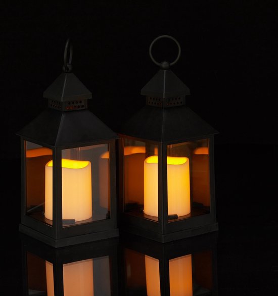 Relaxdays led lantaarn - set van 2 - vlameffect - sfeerverlichting - windlicht - zwart