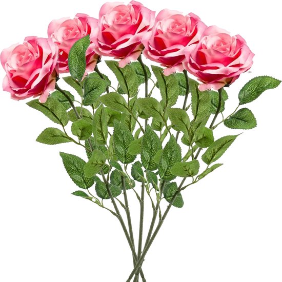 Emerald Kunstbloem roos Marleen - 5x - roze - 63 cm - decoratie bloemen