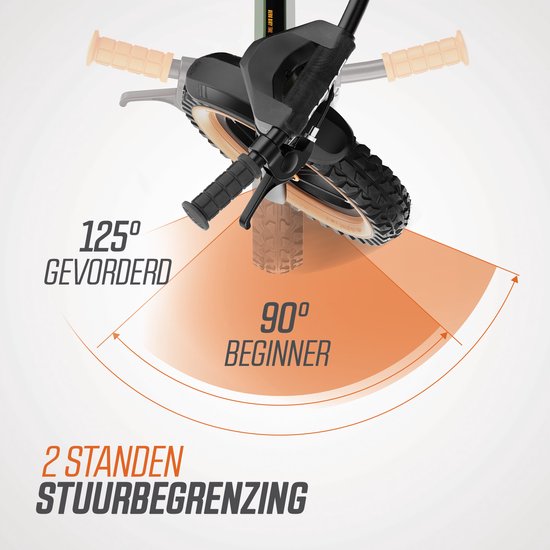 Stuurmechanisme van de loopfiets met 2 standen: 125 graden en 90 graden, met oranje handvatten.