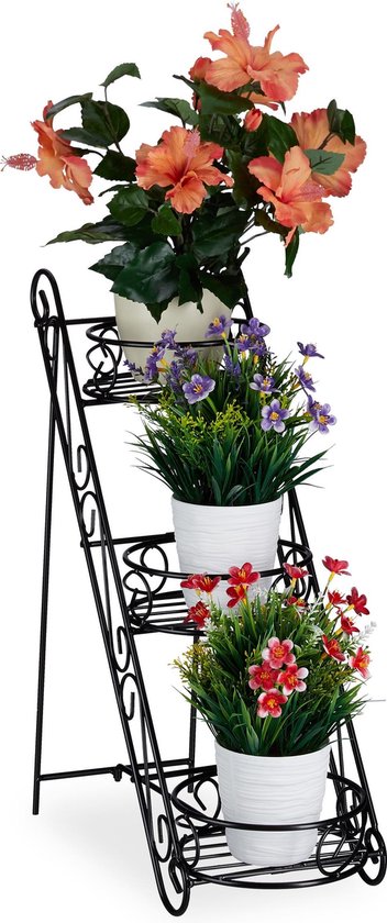 Relaxdays plantenrek - metaal - plantentrap - bloementrap - bloemenrek - buiten - zwart