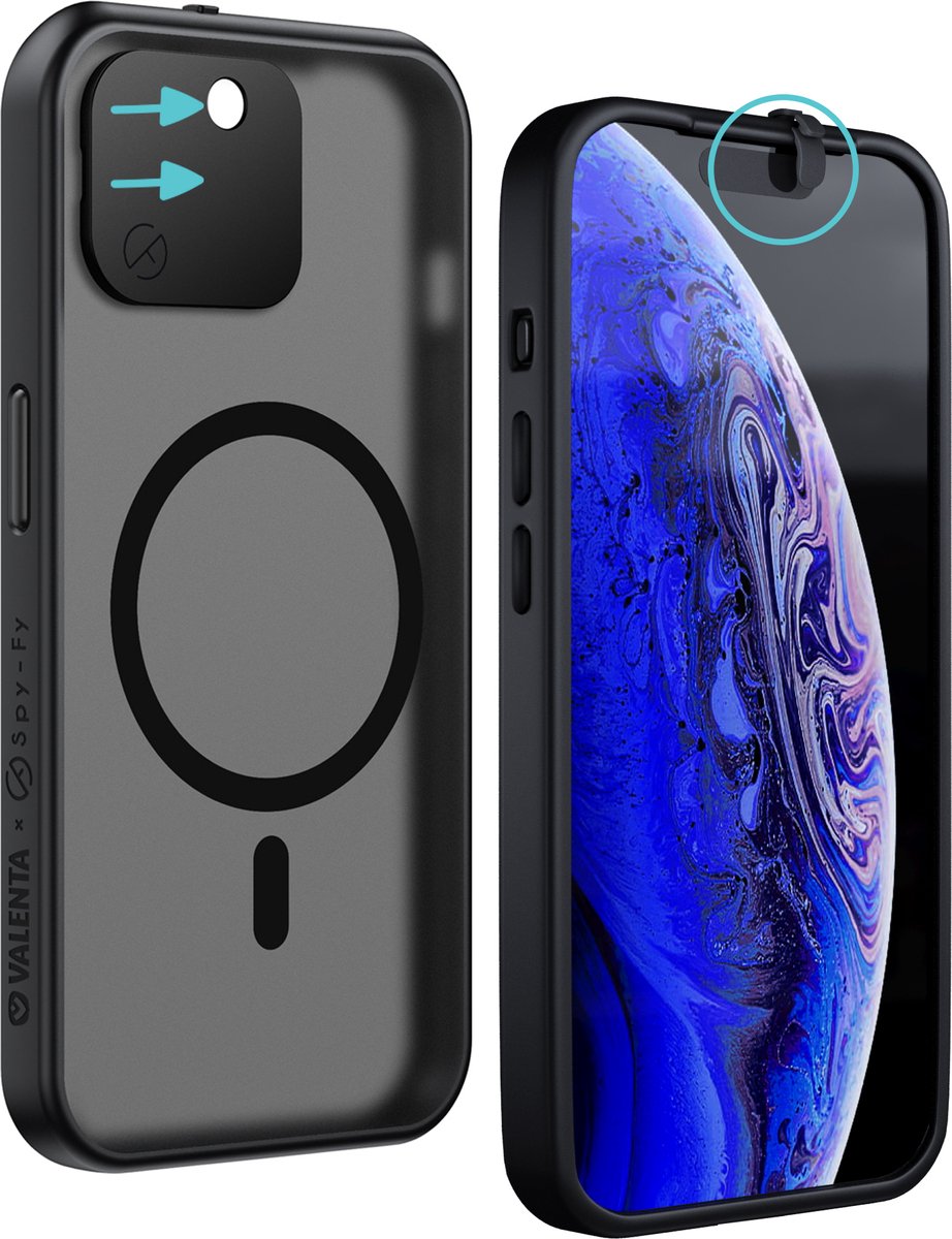 Valenta x Spy-Fy - iPhone 15 Plus Hoesje met Camera Covers aan Voor- én Achterkant | Beschermt je Privacy en je Camera’s | Valenta Privacy Case Smokey Zwart