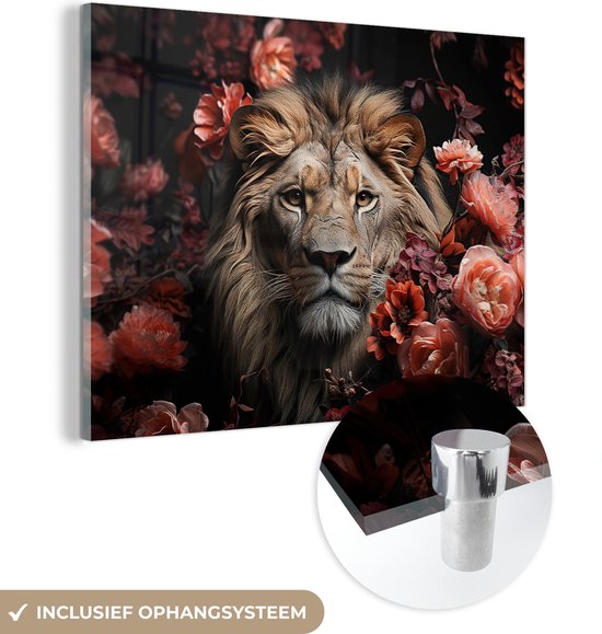 MuchoWow® Glasschilderij 120x90 cm - Schilderij acrylglas - Leeuw - Dier - Natuur - Botanisch - Bloemen - Roze - Foto op glas - Muurdecoratie woonkamer - Wanddecoratie slaapkamer - Schilderijen