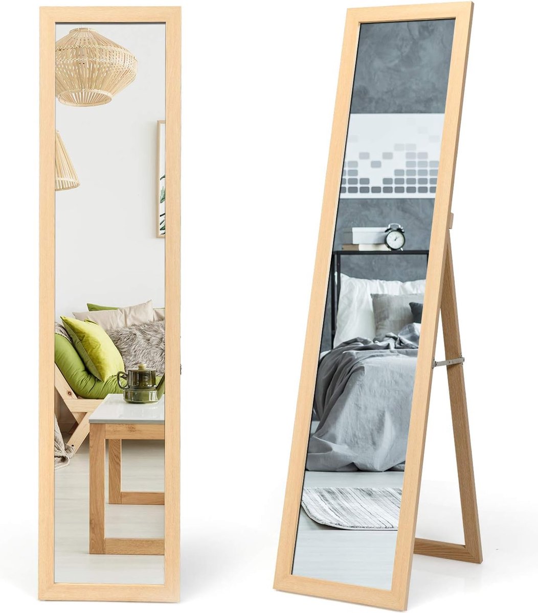 Staande spiegel 155 x 37 cm grote spiegel met houten frame houten spiegel vrijstaand moderne wandgemonteerde vloerspiegel voor slaapkamer woonkamer en ingang (Natuurlijk)