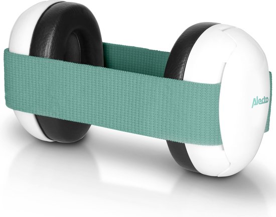 Witte gehoorbeschermers met zwarte oorkussens en een turquoise band, met het Alecto logo.