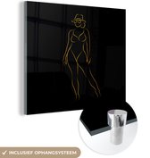 MuchoWow® Glasschilderij 50x50 cm - Schilderij acrylglas - Zonnebril - Zwart - Goud - Line art - Foto op glas - Schilderijen