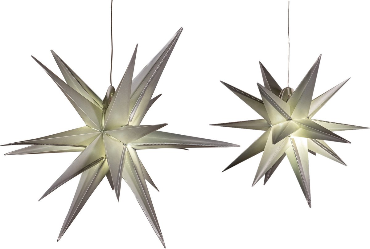 Verlichte 3D kerststerren - set 2x st - zilver - 35 en 60 cm - kunststof