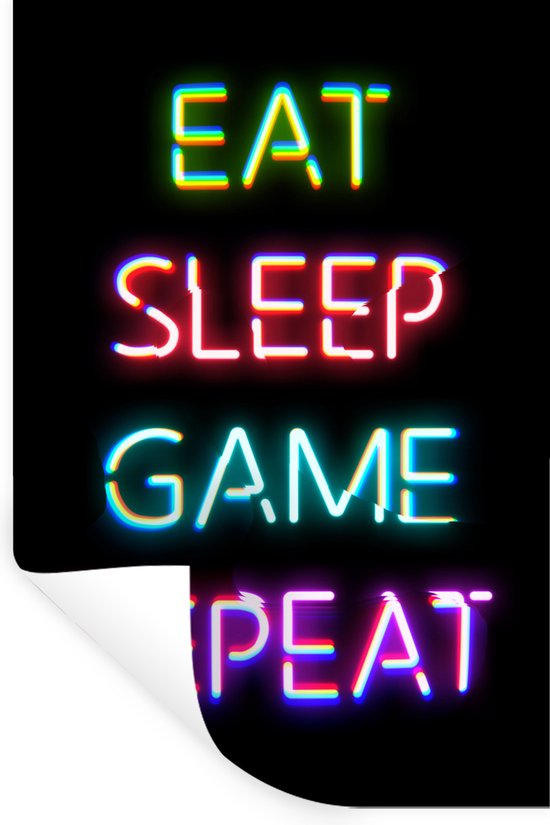 Muurstickers - Sticker Folie - Gaming - Led - Quote - Eat sleep game repeat - Gamen - 20x30 cm - Plakfolie - Muurstickers Kinderkamer - Zelfklevend Behang - Zelfklevend behangpapier - Stickerfolie