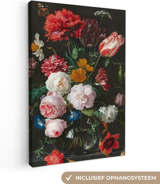 Canvas Schilderij - Stilleven met bloemen in een glazen vaas - Jan Davidsz. de Heem - Kunst - 120x180 cm - Wanddecoratie - Slaapkamer