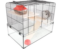 Hamsterkooi – Flamingo Vitru 2 – hamsterkooi met glazen bodem – complete kooi met looprad, platforms en accessoires – zwart – 59x38x47 cm – Europese kwaliteit