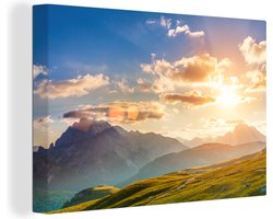 Canvas schilderij 140x90 cm - Wanddecoratie Zomer - Zonsondergang - Bergen - Muurdecoratie woonkamer - Slaapkamer decoratie - Kamer accessoires - Schilderijen