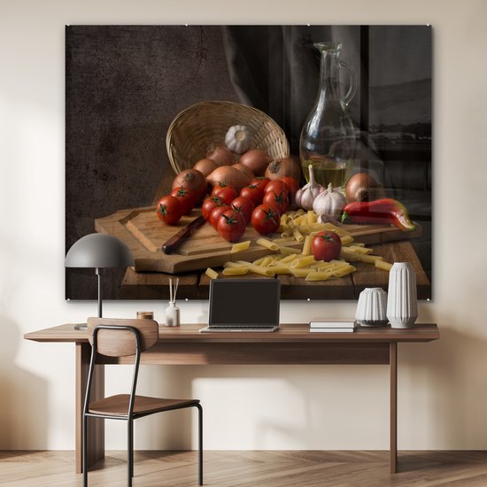 MuchoWow® Peinture sur verre 160x120 cm - Peinture sur verre acrylique - Planche à découper - Légume - Nature morte - Pâtes - Off - Tomate - Planche à découper - Photo sur verre - Peintures