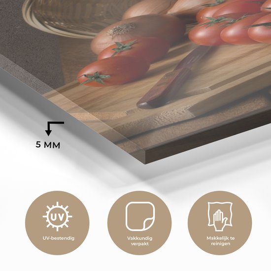 MuchoWow® Tableau sur verre 120x160 cm - Tableau sur verre acrylique - Planche à découper - Légume - Nature morte - Pâtes - Oignon - Tomate - Planche à découper - Photo sur verre - Décoration murale salon - Décoration murale chambre - Peintures