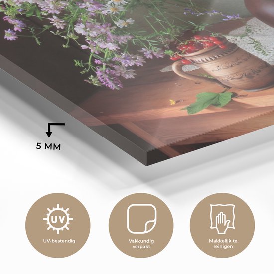 MuchoWow® Glasschilderij 180x120 cm - Schilderij acrylglas - Bloemen - Tafel - Stilleven - Boeket - Vaas - Foto op glas - Muurdecoratie woonkamer - Wanddecoratie slaapkamer - Schilderijen