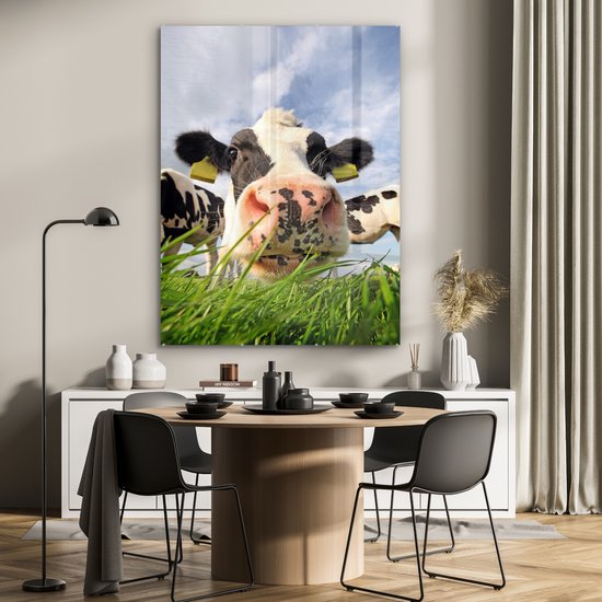 MuchoWow® Peinture sur verre 90x120 cm - Peinture sur verre acrylique - Vache - Ferme - Herbe - Animaux - Photo sur verre - Peintures