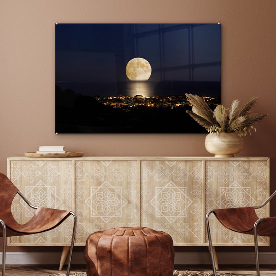 MuchoWow® Peinture sur verre - Lune - Mer - Ville - 120x80 cm - Peintures acrylique - Photo sur Glas