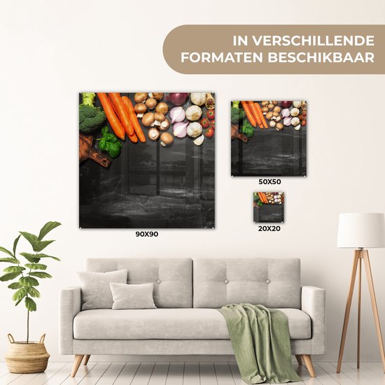 MuchoWow® Glasschilderij 90x90 cm - Schilderij acrylglas - Wortel - Groente - Kruiden - Specerijen - Rustiek - Foto op glas - Schilderijen