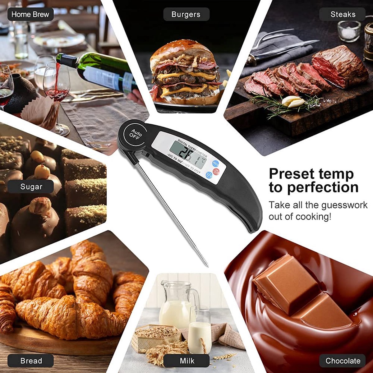Thermometre cuisine, Thermomètre Cuisson pour LCD et lecture instantanée,  convient pour griller/cuisiner/friture(batterie incluse)
