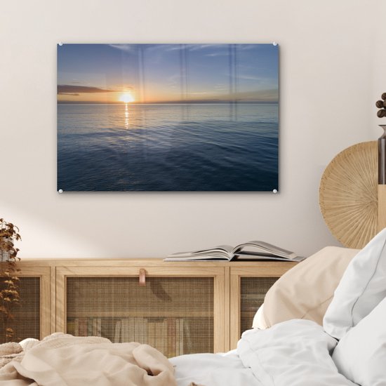 ® Glasschilderij 60x40 cm - Schilderij acrylglas - De zonsopkomst boven de stille zee - Foto op glas - Muurdecoratie woonkamer - Wanddecoratie slaapkamer - Schilderijen