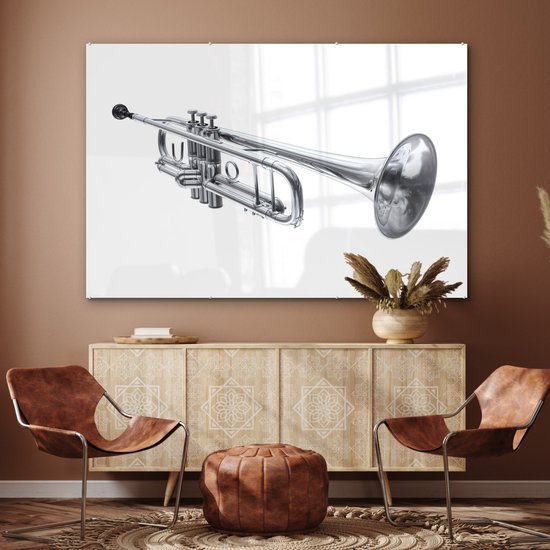 MuchoWow® Glasschilderij 150x100 cm - Schilderij acrylglas - Illustratie van een zilveren trompet - Foto op glas - Schilderijen