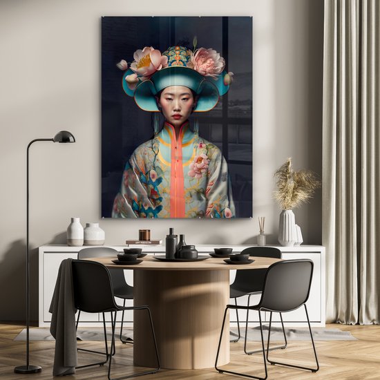 Glasschilderij vrouw - Kleding - Bloemen - Aziatisch - Kimono - Schilderij glas - Glasplaat - Woonkamer decoratie - Slaapkamer - 90x120 cm - Glasschilderijen - Foto op glas