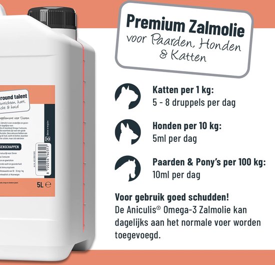 Aniculis - Omega-3 Zalmolie voor paarden, honden & katten (5 Liter) - Zorgvuldig vervaardigd en bijzonder rijk aan omega-3 vetzuren - Hoge astaxanthinewaarde - Aniculis