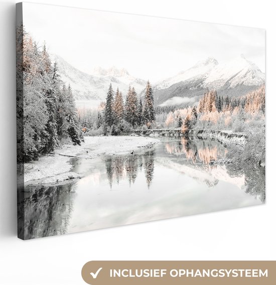 Canvas schilderij landschap 120x80 cm - Winter decoratie schilderijen woonkamer huis - Keuken muur natuur schilderijen - Landelijke wanddecoratie accessoires - Kamer interieur decoraties - Wanddoek sneeuw bergen - Slaapkamer - Scandinavisch