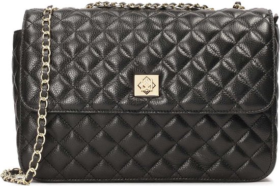 Black leather shoulder bag with quilted pattern