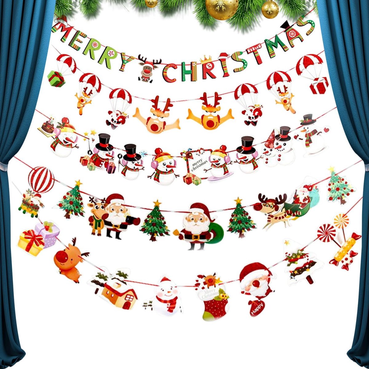 5 sets Merry Christmas slinger, kerstbanner slinger, sneeuwman-banner, kerstboombanner, elandvlaggen, kerstversiering voor kerstdecoratie, vakantie, feestbenodigdheden