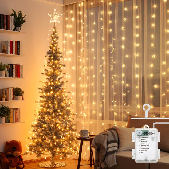 Guirlande Lumineuse De Noël Aigostar 2x2m, 200 LED Blanc Chaud - 8 Modes, Minuterie, étanche - Alimentation Piles (3xAA)