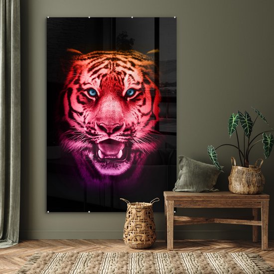 MuchoWow® Peinture sur verre 100x150 cm - Peinture sur verre acrylique - Tigre - Oranje - Rouge - Photo sur verre - Peintures