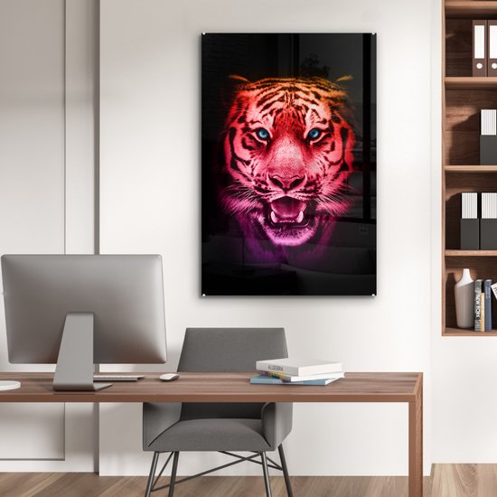 MuchoWow® Peinture sur verre 80x120 cm - Peinture sur verre acrylique - Tigre - Oranje - Rouge - Photo sur verre - Peintures