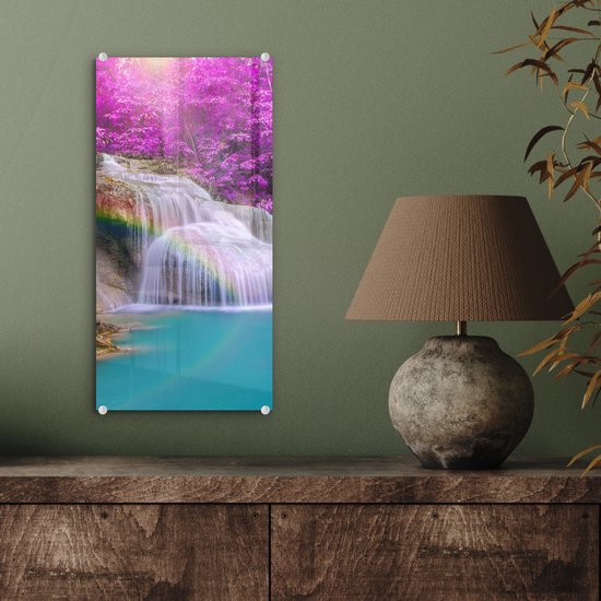 MuchoWow® Peinture sur verre 20x40 cm - Peinture sur verre acrylique - Cascade - Arbres - Arc-en-ciel - Violet - Photo sur verre - Peintures