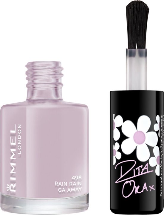 Open Rimmel London nagellakflesje, kleur lichtpaars. Zwarte dop met witte en roze bloemen en 'Rita Ora x' tekst, met penseel zichtbaar.