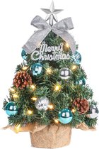 Mini sapin de Noël Petit sapin de Noël avec lumières LED, sapin de table, petit, décoré artificiellement, pour décoration de Noël, 40 cm (bleu avec argent)