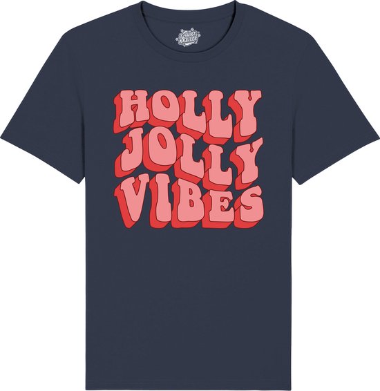 Holly Jolly Vibes - Foute Kersttrui Kerstcadeau - Dames / Heren / Unisex Kleding - Grappige Kerst Outfit - T-Shirt - Unisex - Navy Blauw - Maat 3XL