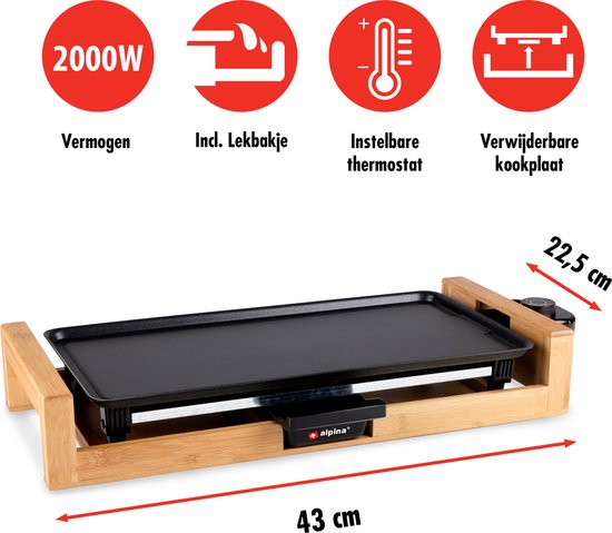 alpina Teppanyaki Bakplaat 2000W - Gourmet Grillplaat XL - Tafelgrill met Instelbare Thermostaat - Grill Plaat 43 x 22,5 cm - voor 2 tot 4 Personen - Anti-Aanbaklaag - Bamboo/RVS — afbeelding 2
