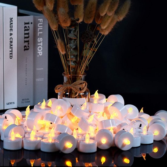 100LED-kaarsen, LED-vlamloze thealights, flikkeren theelichtjes, batterijen CR2032 [batterijen inbegrepen]