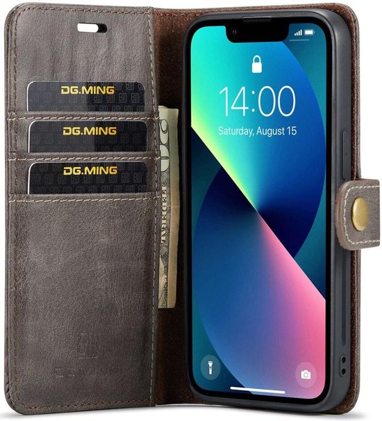 DG Ming Hoesje voor de Apple iPhone 15 Plus - Retro Wallet Book Case - Telefoonhoesje Kunstleer met Pasjes - Portemonnee Hoesje met Kaarthouder op achterkant Grijs