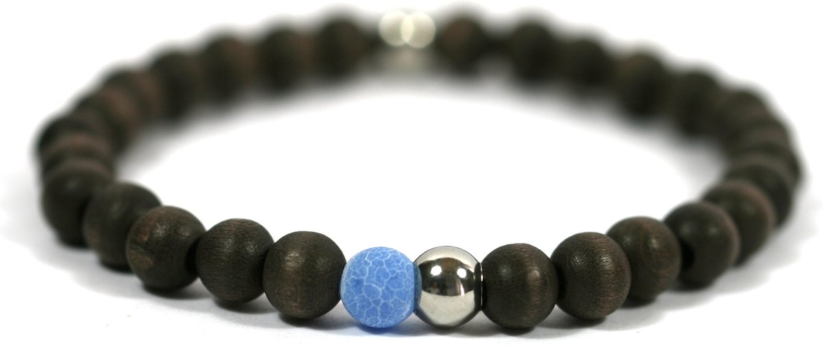IbizaMen - heren armband - bruin hout 8mm - blauwe agaat kraal - rvs kraal - 21cm