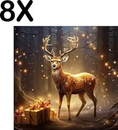 BWK Textiele Placemat - Kerst - Hert - Cadeau - Kado - Lichtjes - Bos - Set van 8 Placemats - 50x50 cm - Polyester Stof - Afneembaar