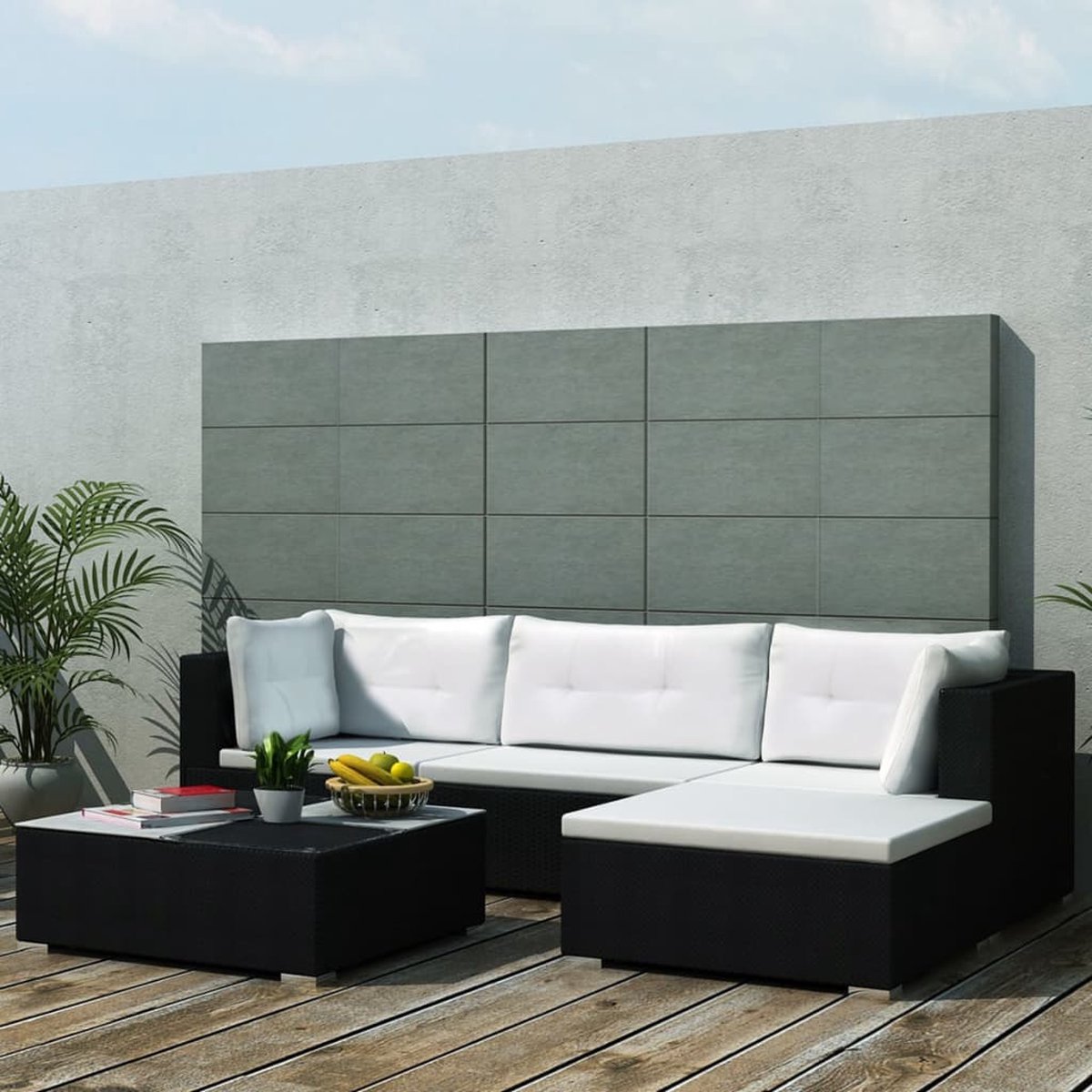 The Living Store 5-delige Loungeset met kussens poly rattan zwart - Loungebank - Tuinset - Lounge Set - Ratan Meubilair - Buitendecor