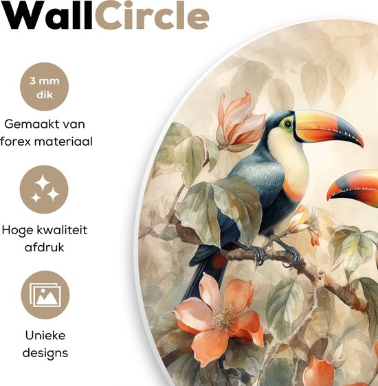 WallCircle - Wandcirkel 120x120 - Toekan - Vogels - Bloemen - Tak - Ronde schilderijen woonkamer - Wandbord rond - Muurdecoratie cirkel - Kamer decoratie binnen - Wanddecoratie muurcirkel - Woonaccessoires XXL
